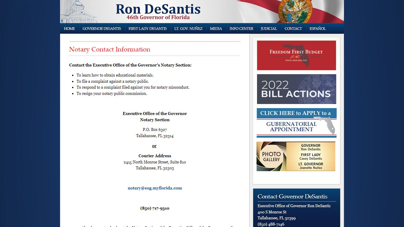 Notary Contact Information - Florida Governor Ron DeSantis
